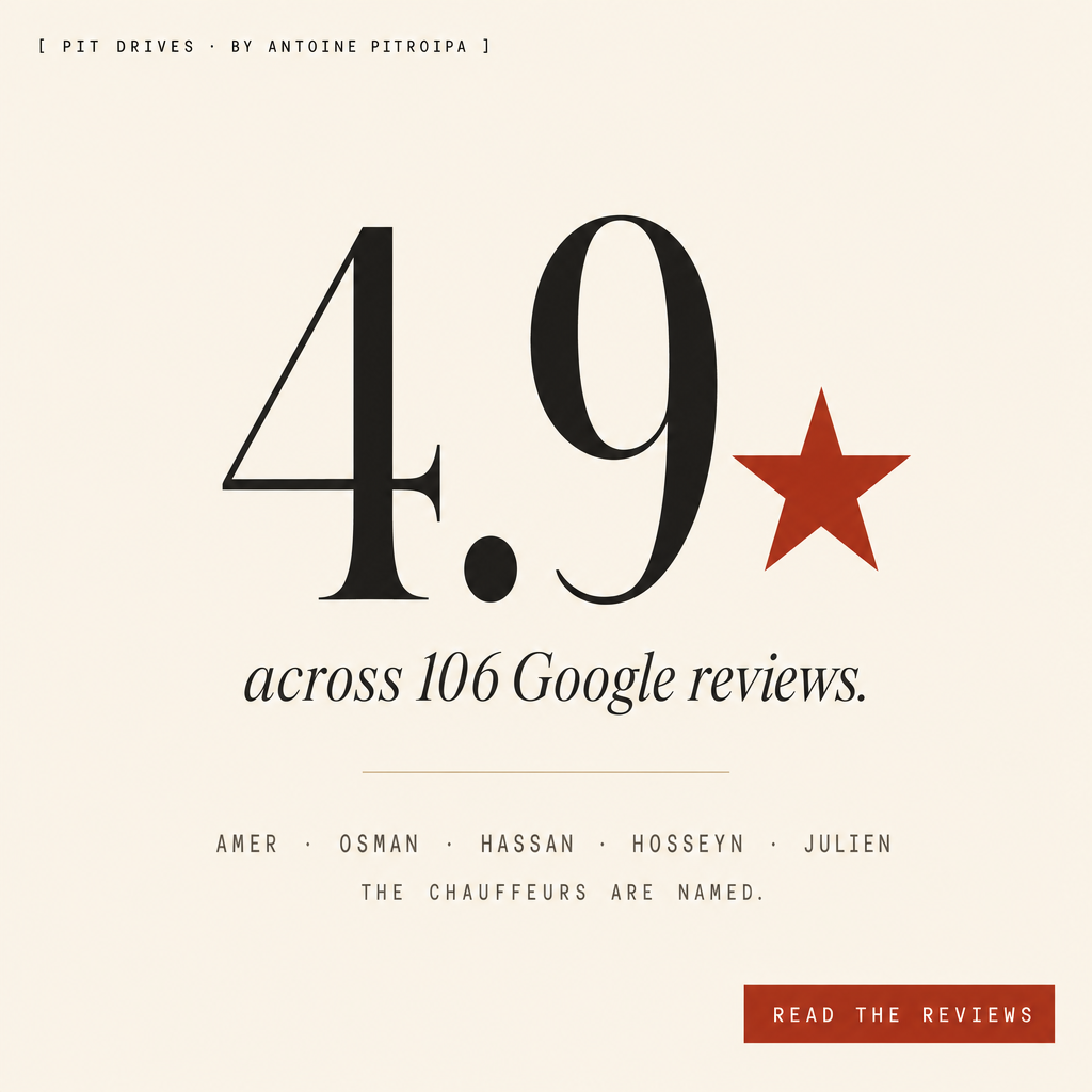 Concept B1 — Reputation — 4.9 stars across 106 Google reviews, the chauffeurs are named